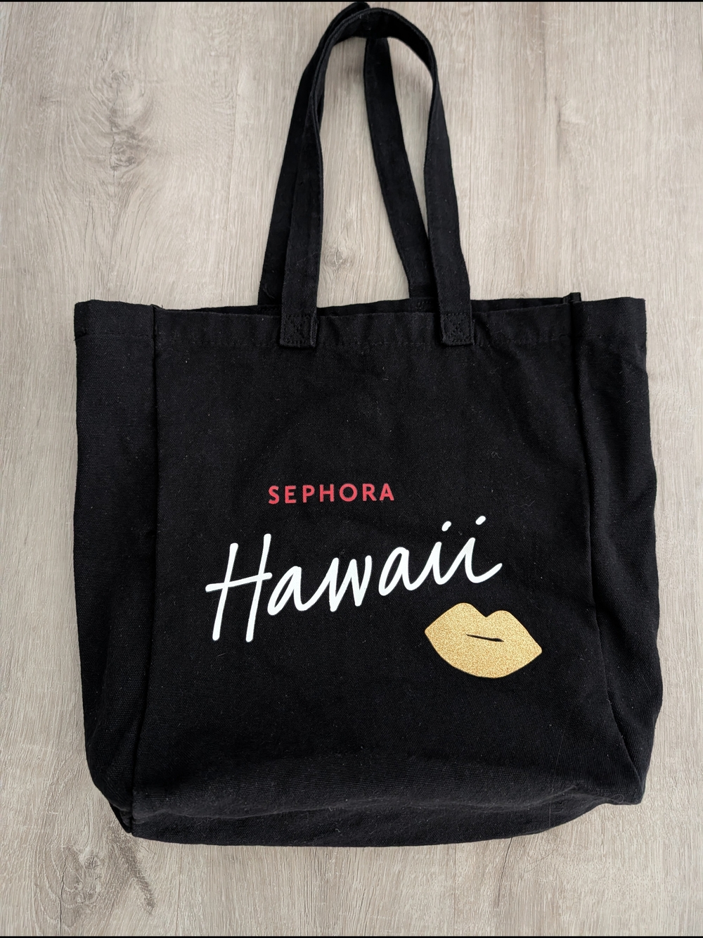 Sephora Black Canvas Tote with White Hawaii Script and Gold Lip